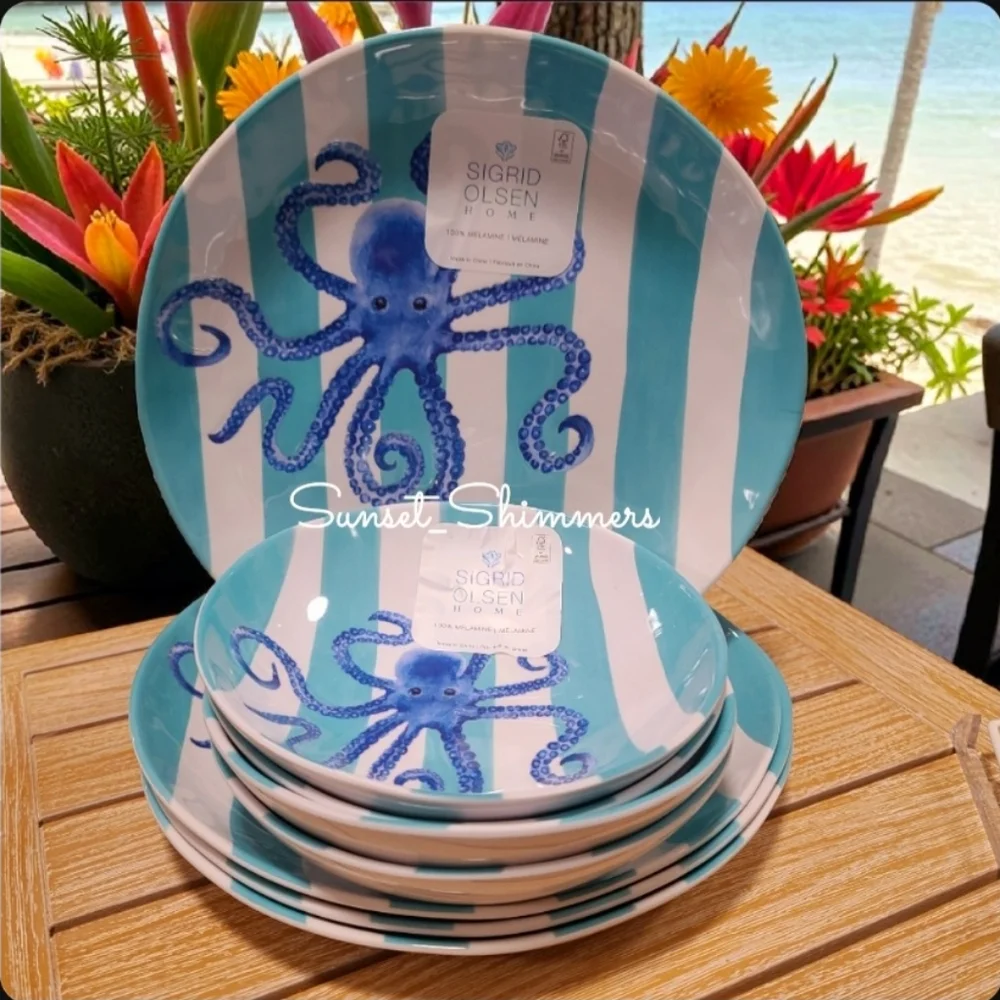 8pc Sigrid Olsen Blue Octopus Cabana Stripe Melamine Dinner Plate & Bowl Set New